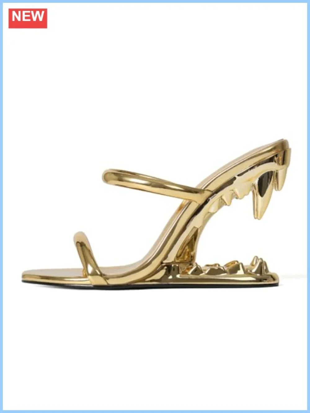 Women's Strappy Heeled Wedge Sandals Metallic Shark Teeth Slip On